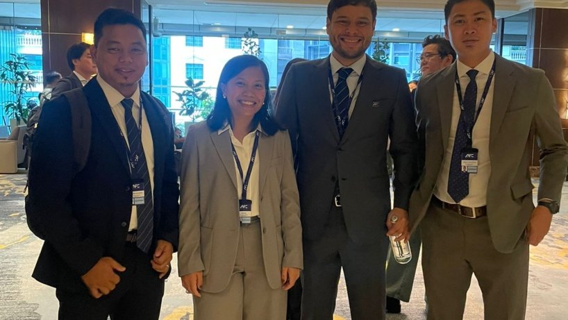Three Filipino competitions’ staff were sent by PFF to the AFC VAR Information Officer Workshop in the AFC Headquarters in Kuala Lumpur from August 6 to 7. They are Mark Abel de Castro (left), Aira Molina Ilan (second to left), and Robin Allen Cainglet (right). They were welcomed by AFC officer Coco Torre, who previously served as PFF General Secretary and Head of Competitions.