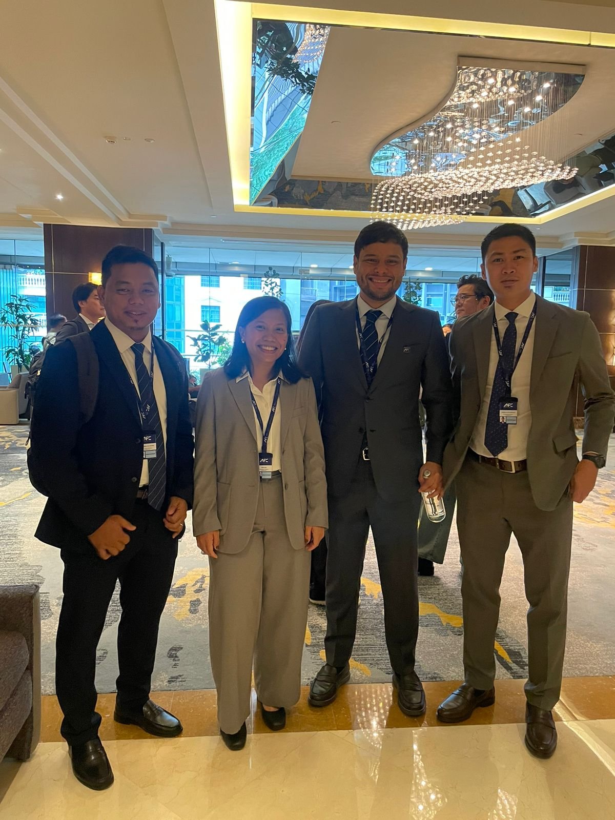 Three Filipino competitions’ staff were sent by PFF to the AFC VAR Information Officer Workshop in the AFC Headquarters in Kuala Lumpur from August 6 to 7. They are Mark Abel de Castro (left), Aira Molina Ilan (second to left), and Robin Allen Cainglet (right). They were welcomed by AFC officer Coco Torre, who previously served as PFF General Secretary and Head of Competitions.